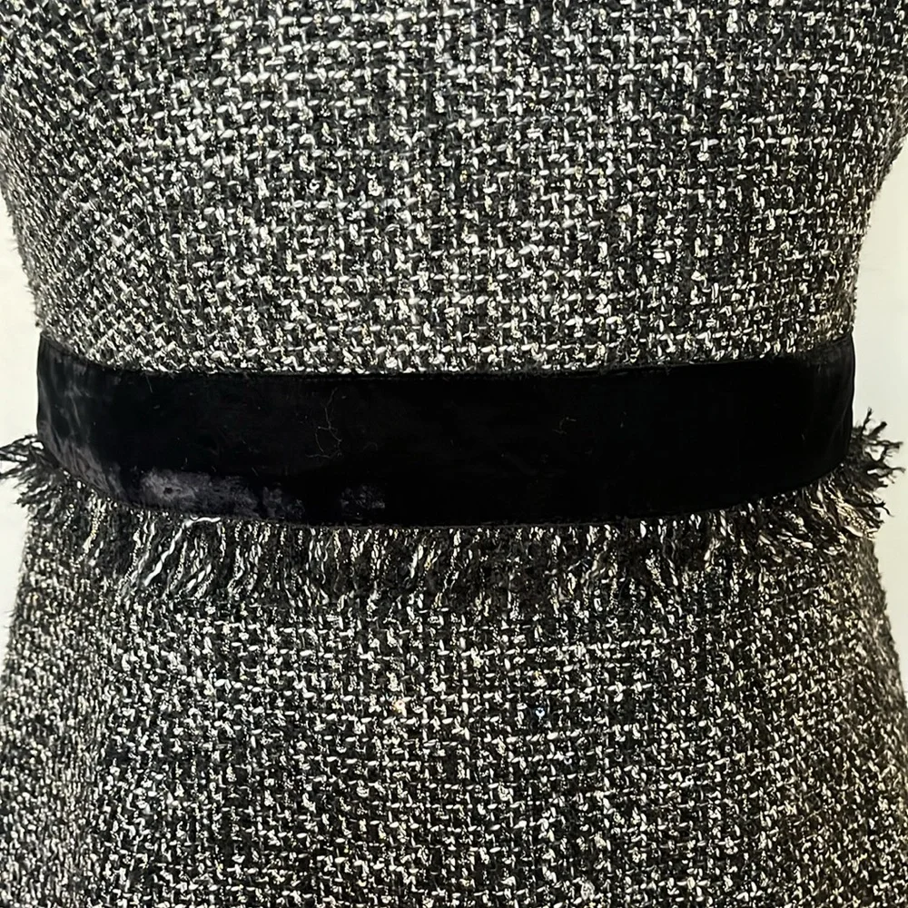 J.Crew Black/White Tweed Sheath Dress w/velvet belt,fringe detail sequins Size 4